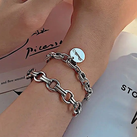 Sterling Silver Chain Link Design Minimalist Bangle Cuff Unisex Bracelet - Picture 4 of 6